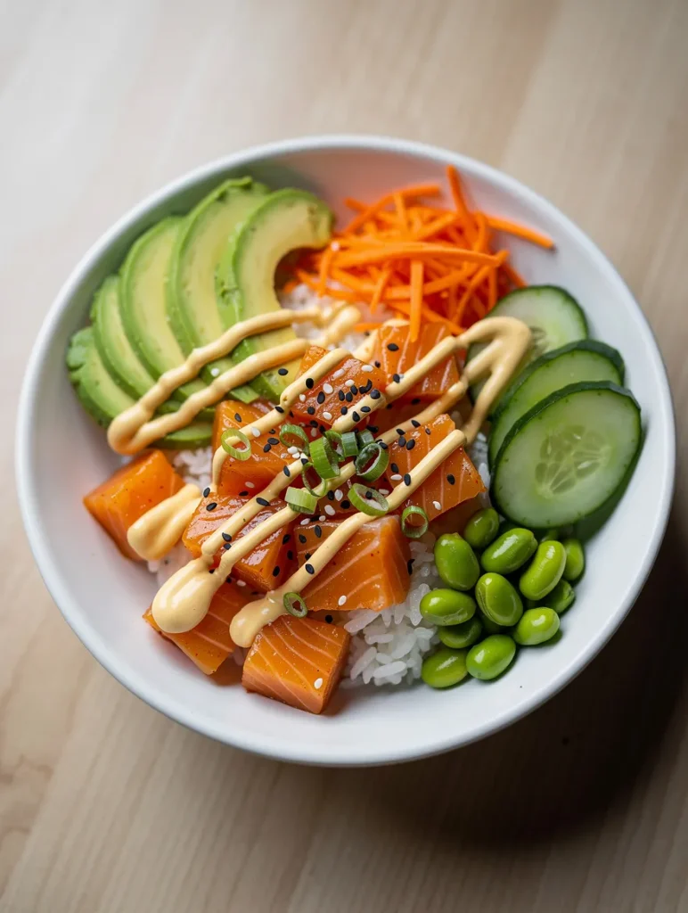 Spicy salmon rice bowl with avocado, cucumber, edamame, shredded carrots, and creamy spicy drizzle.