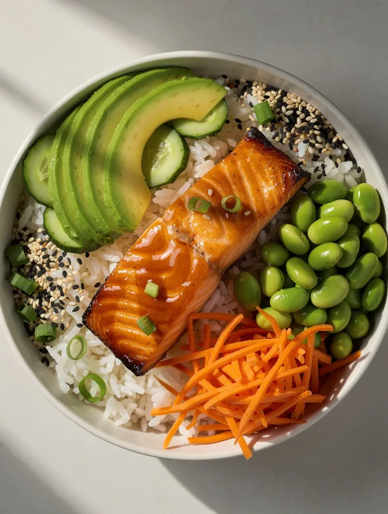Sticky miso salmon bowl with rice, avocado, edamame, cucumber, carrots, and sesame seeds.