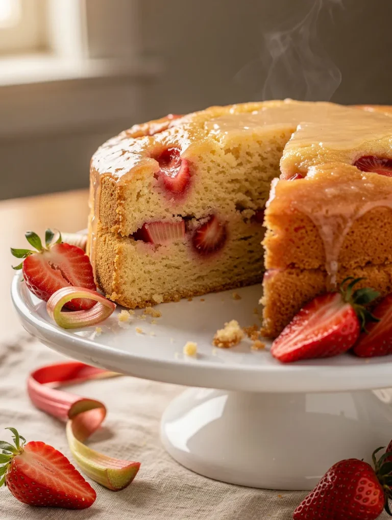 Moist strawberry rhubarb cake slice with glaze on a cake stand