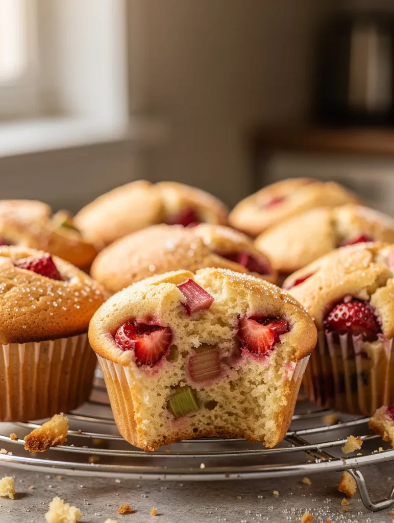 Strawberry rhubarb muffin cut open showing soft interior with fruit pieces