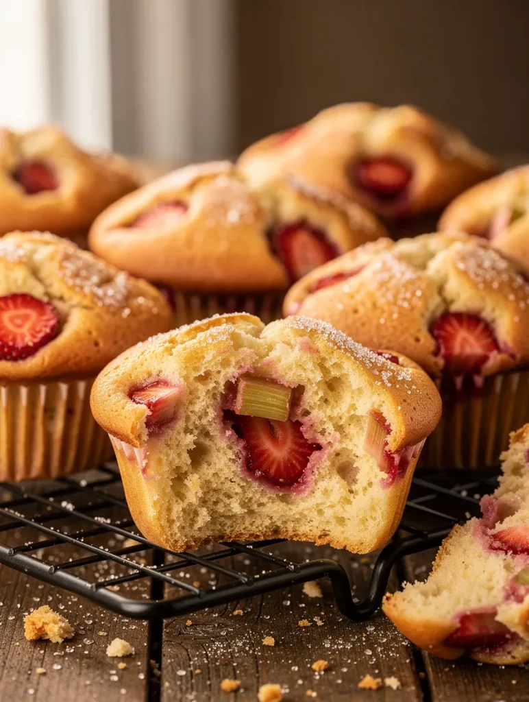 Strawberry rhubarb muffin sliced open showing fresh fruit inside