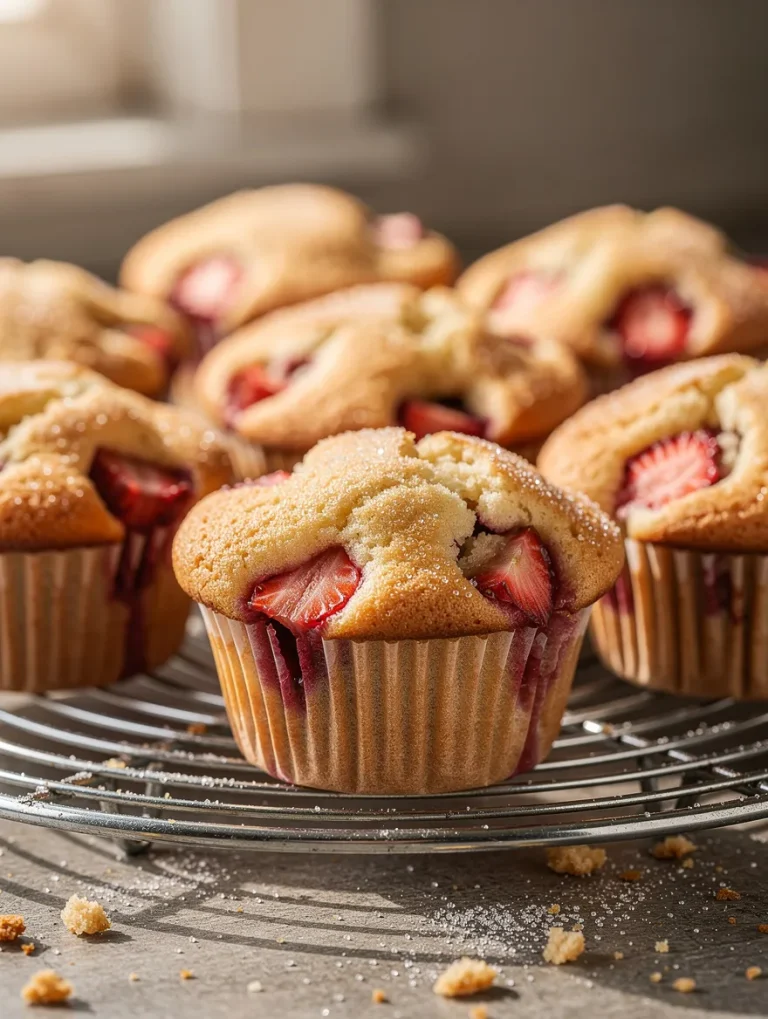 Strawberry rhubarb muffins with crumb topping on a cooling rack