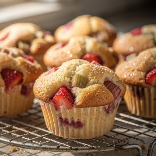 Fresh strawberry rhubarb muffins cooling on a wire rack