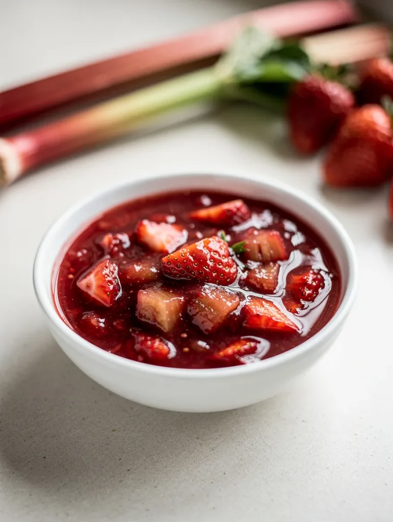 Chunky strawberry rhubarb sauce with fresh fruit pieces in a bowl