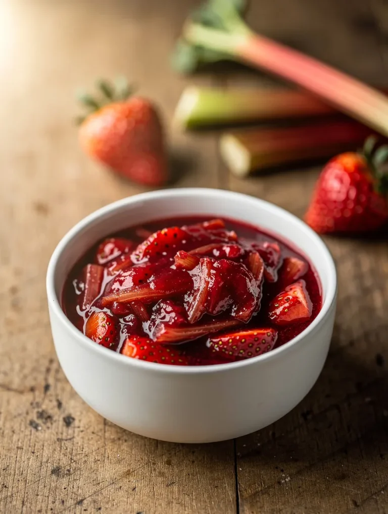 Strawberry rhubarb sauce in a bowl with fresh fruit