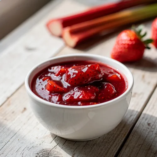 Strawberry rhubarb sauce in a white bowl on rustic wooden table
