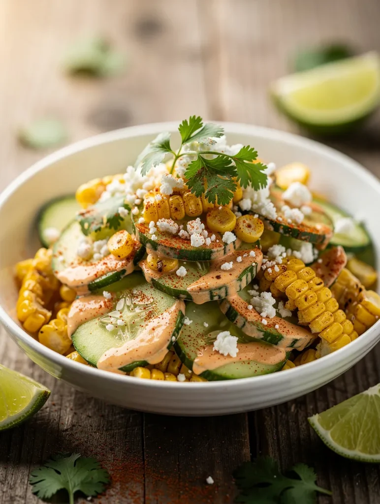 Street corn cucumber salad with creamy dressing, grilled corn, cotija cheese, cilantro, and lime wedges