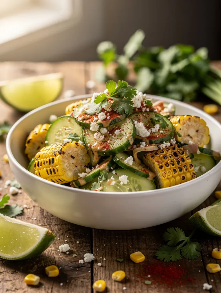 Street corn cucumber salad with grilled corn, cucumber slices, cotija cheese, cilantro, and lime in a white bowl