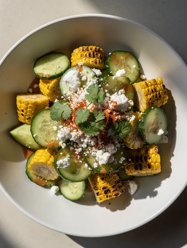 Street corn cucumber salad with grilled corn, cucumber slices, cotija cheese, and cilantro in a white bowl