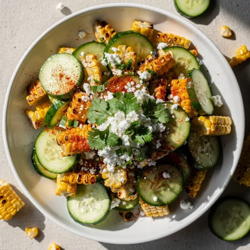 Street corn cucumber salad recipe with grilled corn, cucumber slices, cotija cheese, cilantro, and chili seasoning