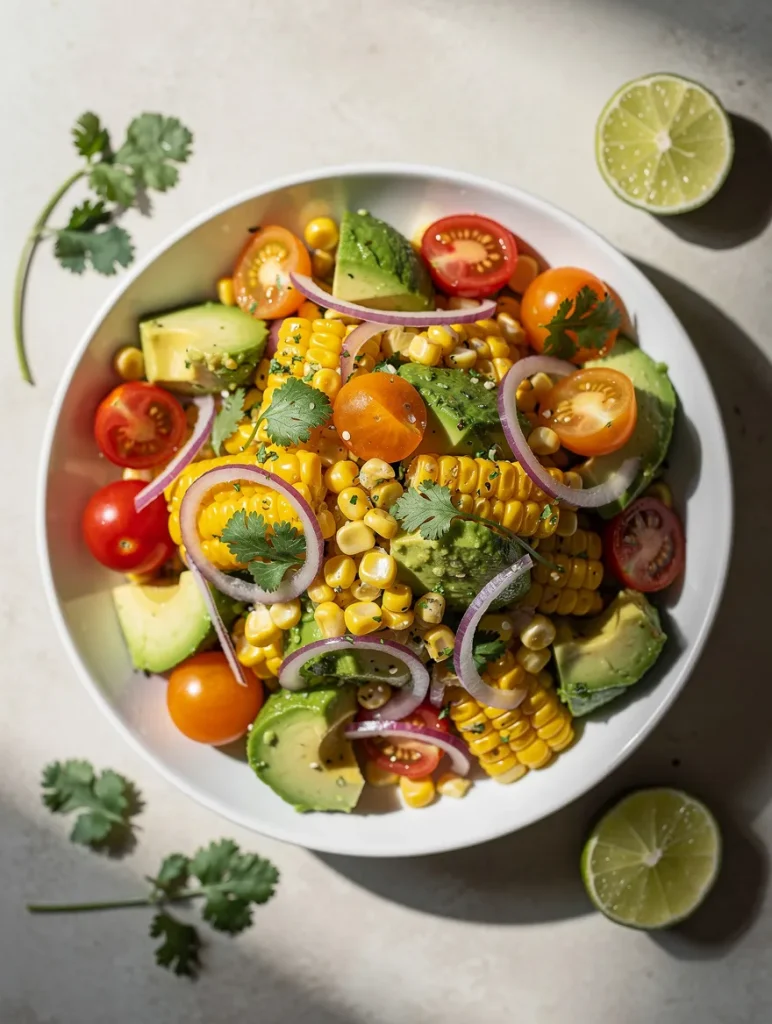 Avocado corn salad with cherry tomatoes, red onion, cilantro, and lime