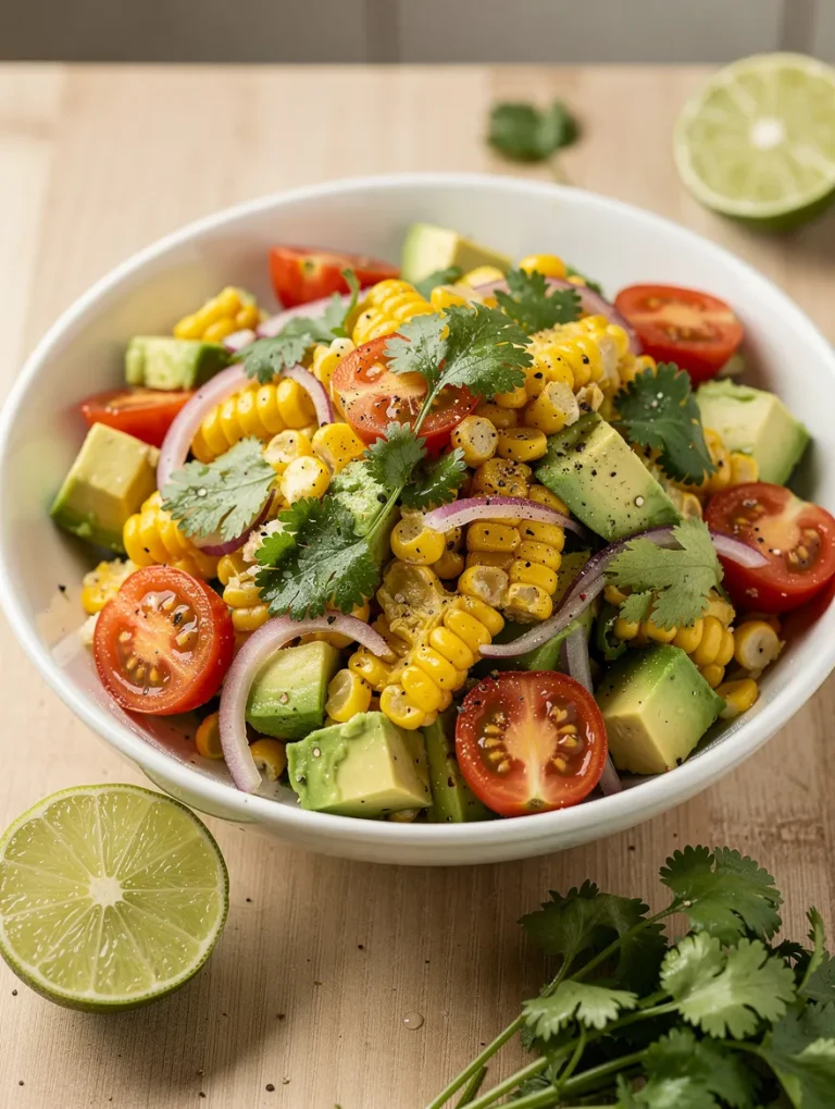 Summer corn salad with avocado, cherry tomatoes, red onion, and cilantro