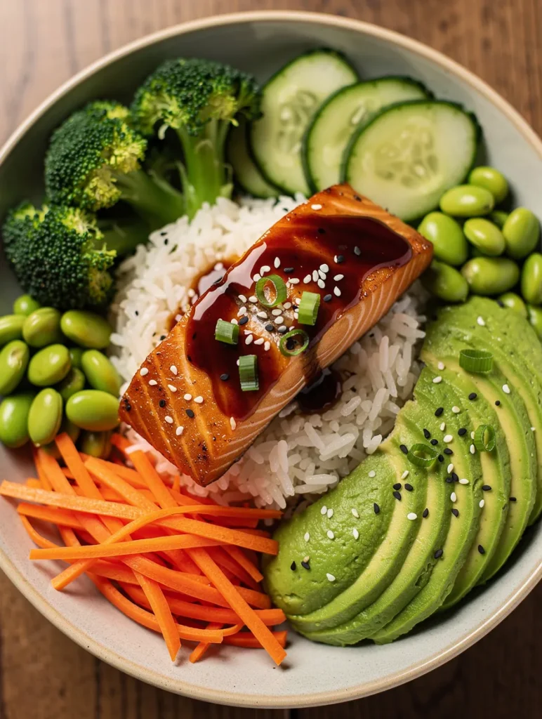 Teriyaki salmon bowl with avocado, rice, broccoli, cucumber, carrots, and edamame topped with sesame seeds and teriyaki sauce.