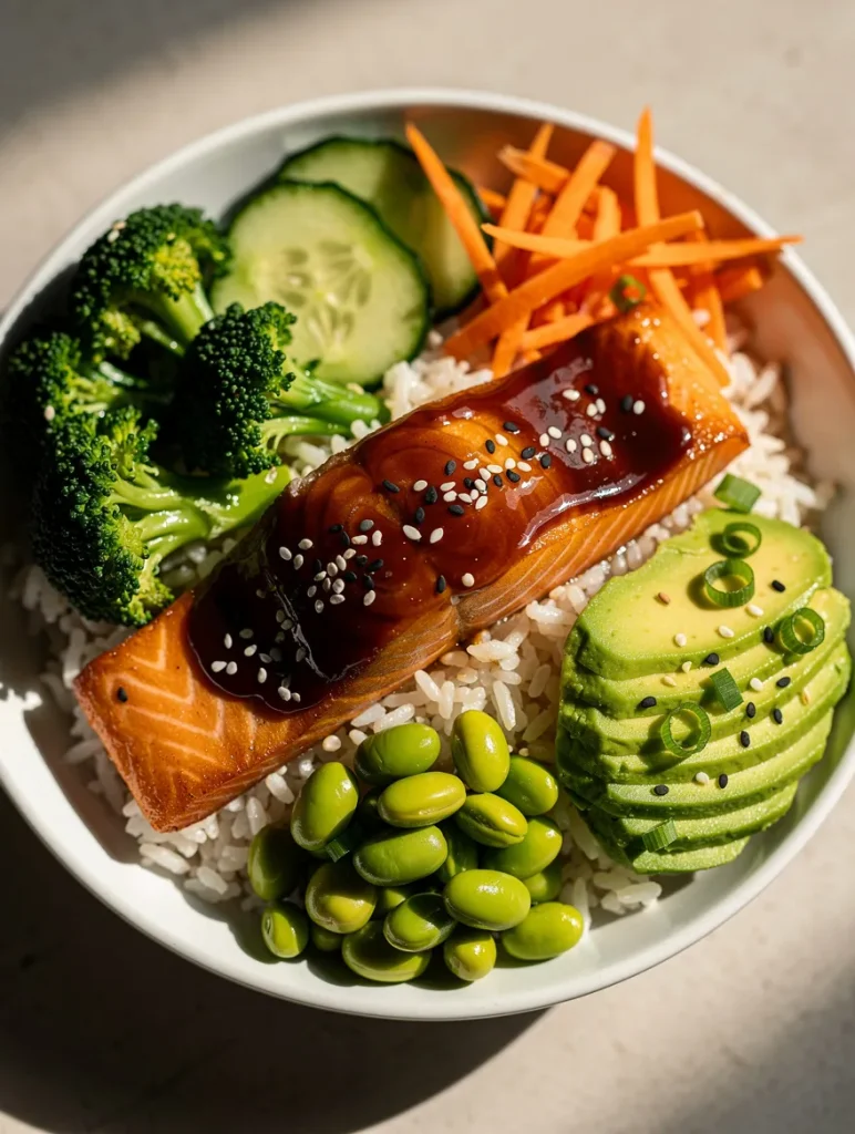 Teriyaki salmon bowl with avocado, broccoli, cucumber, edamame, carrots, and rice topped with sesame seeds and glossy teriyaki sauce.