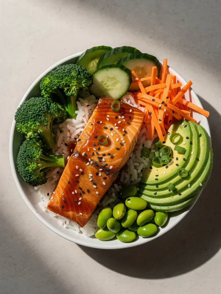 Teriyaki salmon bowl with rice, avocado, broccoli, cucumber, carrots, and edamame topped with sesame seeds.