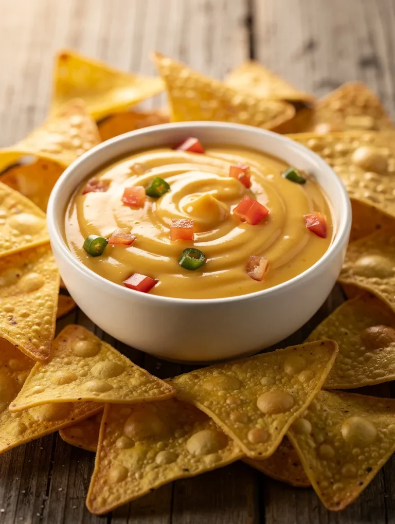 Creamy Velveeta queso dip topped with diced tomatoes and jalapeños, served with tortilla chips