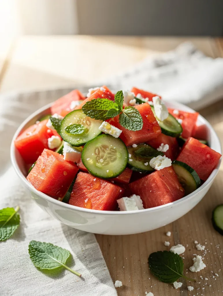 Fresh watermelon cucumber salad with feta and mint in a bowl