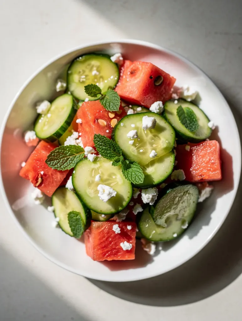 Top view of watermelon cucumber salad with feta and mint in a white bowl