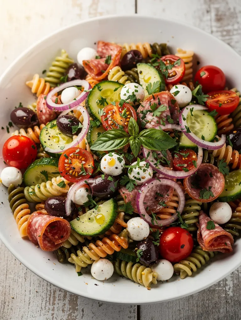 Zesty Italian pasta salad with rotini pasta, salami, mozzarella pearls, olives, cucumbers, cherry tomatoes, and Italian dressing.
