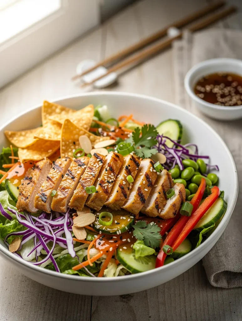 Asian chicken salad with grilled chicken, crispy wonton strips, cucumbers, edamame, shredded cabbage, carrots, bell peppers, almonds, sesame seeds, and sesame dressing.