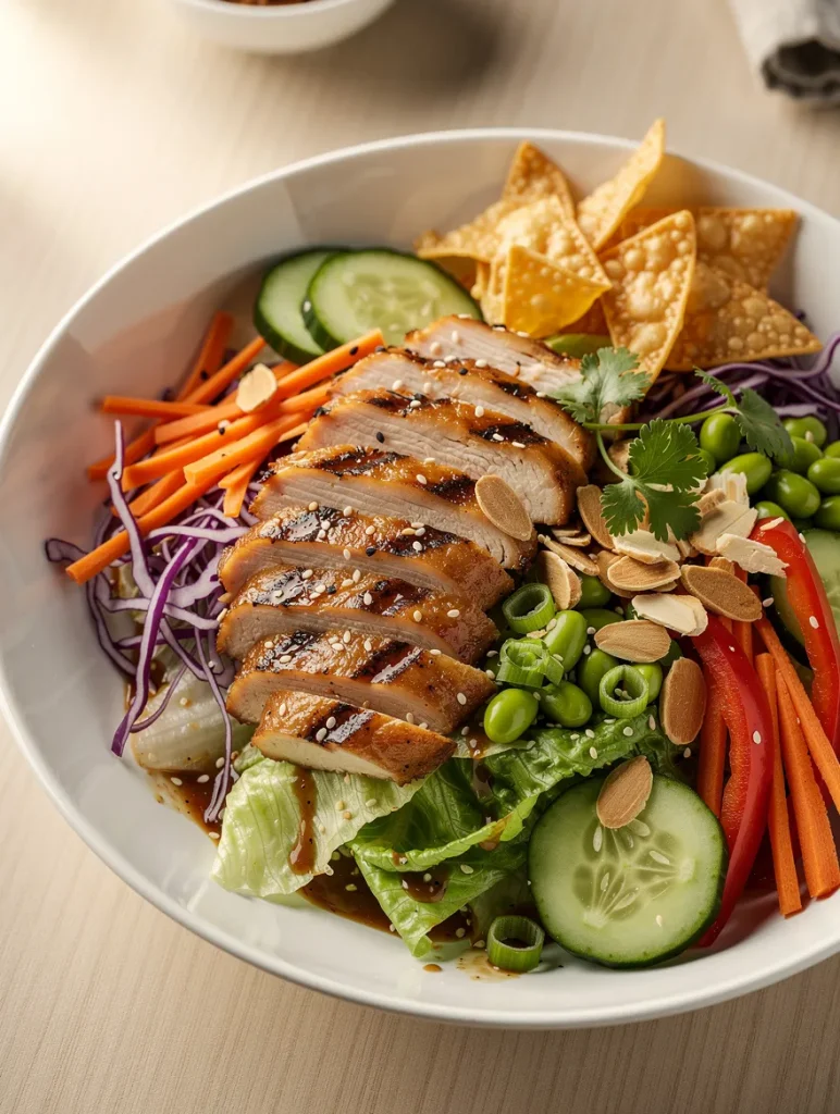 Asian chicken salad with grilled chicken, romaine lettuce, edamame, cucumbers, carrots, red bell peppers, purple cabbage, crispy wonton chips, almonds, and sesame ginger dressing.