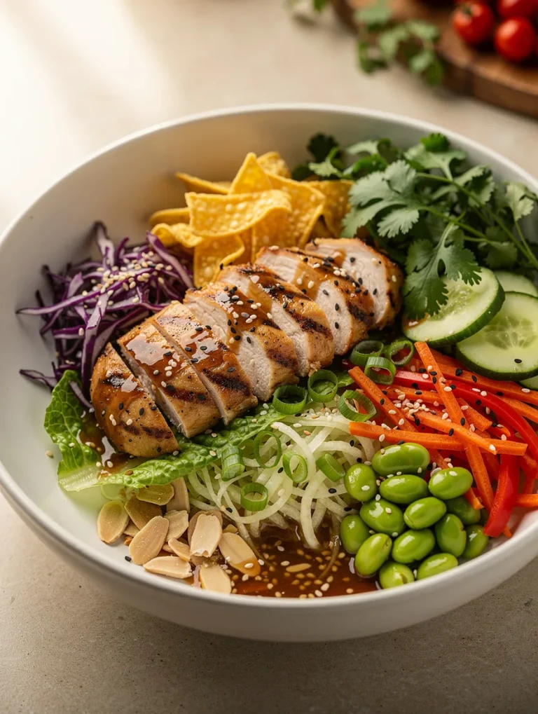 Asian chicken salad with grilled chicken, edamame, shredded cabbage, carrots, cucumbers, crispy wonton strips, rice noodles, almonds, cilantro, and sesame ginger dressing.