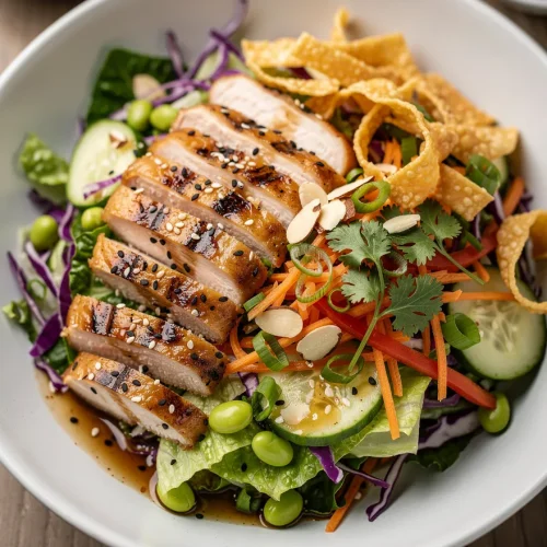 Asian chicken salad with grilled chicken, romaine lettuce, purple cabbage, cucumbers, carrots, edamame, crispy wonton strips, almonds, cilantro, sesame seeds, and sesame dressing.