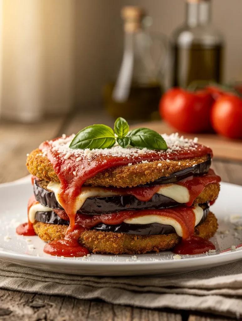 Layered baked eggplant Parmesan with crispy breaded eggplant, melted mozzarella cheese, marinara sauce, and fresh basil on a white plate.