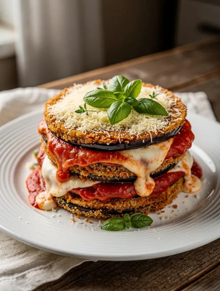Cheesy baked eggplant Parmesan layered with crispy breaded eggplant, marinara sauce, melted mozzarella, and fresh basil on a white plate.