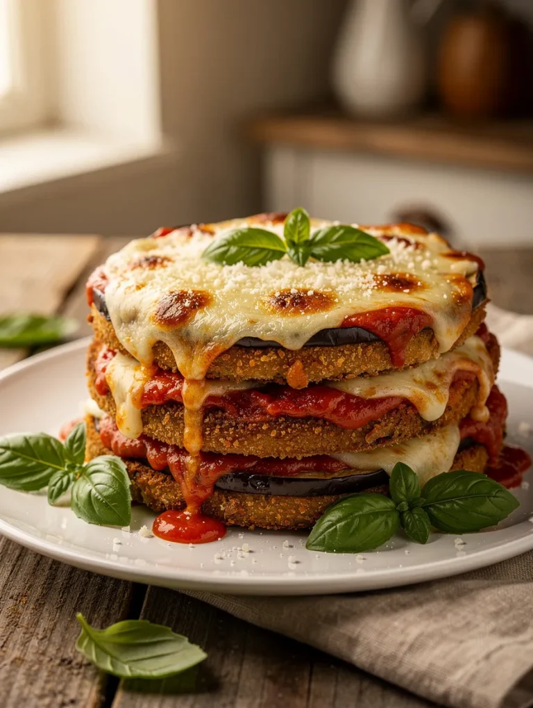 Stacked baked eggplant Parmesan layered with marinara sauce and melted mozzarella cheese, garnished with fresh basil.