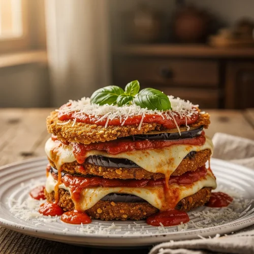 Homemade baked eggplant Parmesan layered with crispy breaded eggplant, melted mozzarella cheese, marinara sauce, and fresh basil.
