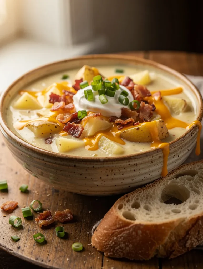 Creamy baked potato soup topped with cheddar cheese, crispy bacon, sour cream, diced potatoes, and fresh green onions, served with a slice of crusty artisan bread.