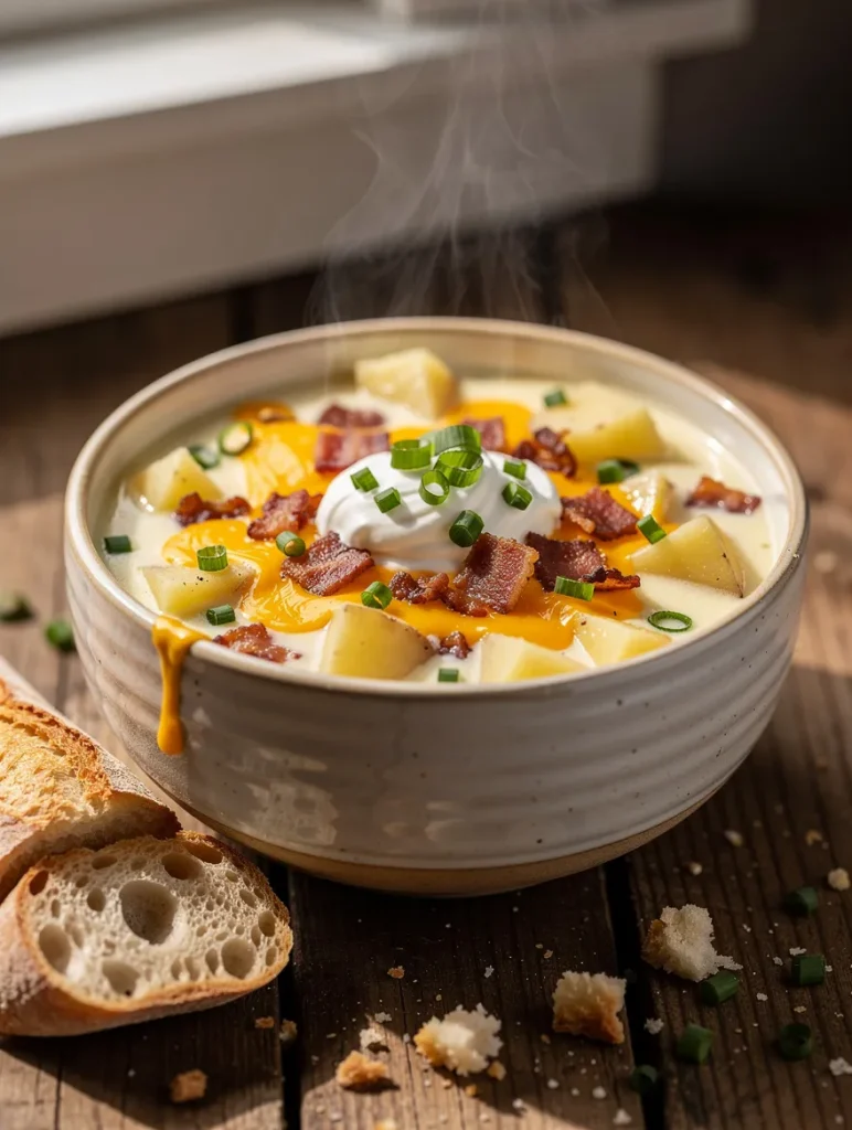 Steaming bowl of creamy baked potato soup topped with melted cheddar cheese, crispy bacon, sour cream, fresh chives, and tender potato chunks, served with slices of crusty bread.
