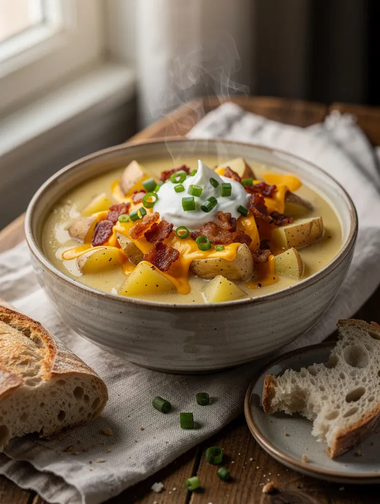 Creamy baked potato soup topped with melted cheddar cheese, crispy bacon, sour cream, chopped green onions, and tender potato chunks, served with crusty artisan bread.