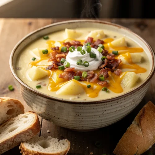 Creamy baked potato soup topped with melted cheddar cheese, crispy bacon, sour cream, diced potatoes, and fresh green onions, served with slices of crusty French bread.