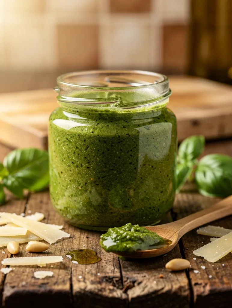 Glass jar of homemade basil pesto with a wooden spoon, Parmesan cheese shavings, pine nuts, olive oil, and fresh basil leaves on a rustic wooden surface.