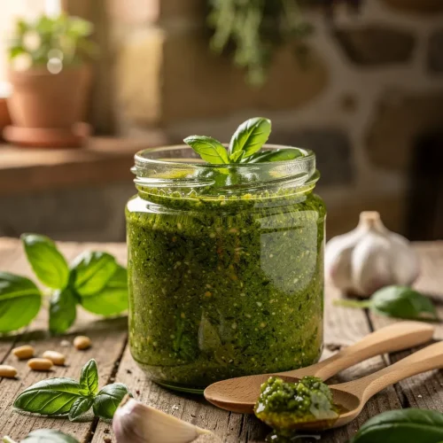 Homemade basil pesto in a glass jar with fresh basil leaves, garlic cloves, pine nuts, and a wooden spoon filled with pesto on a rustic wooden table.
