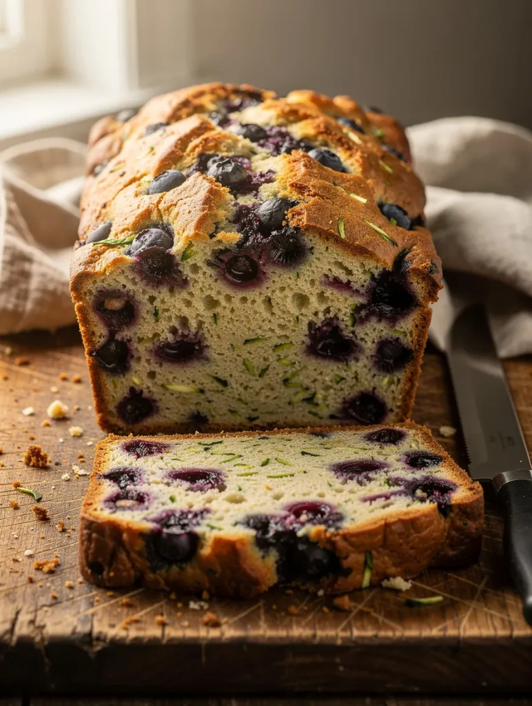 Moist blueberry zucchini bread loaf with fresh blueberries and shredded zucchini, sliced on a wooden cutting board in a cozy kitchen setting.