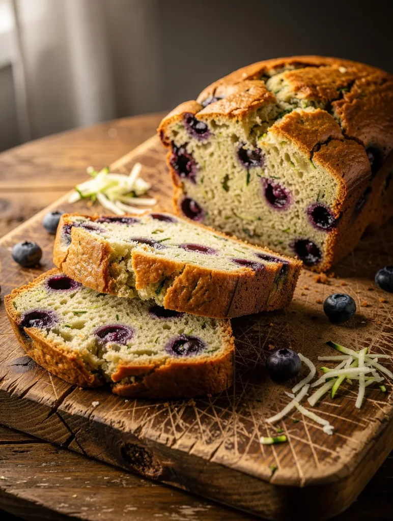 Blueberry zucchini bread sliced on a rustic wooden cutting board, featuring juicy blueberries and shredded zucchini baked into a moist homemade loaf.