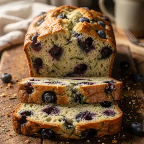 Blueberry zucchini bread loaf with fresh blueberries and shredded zucchini, sliced on a rustic wooden table with a warm homemade bakery-style presentation.
