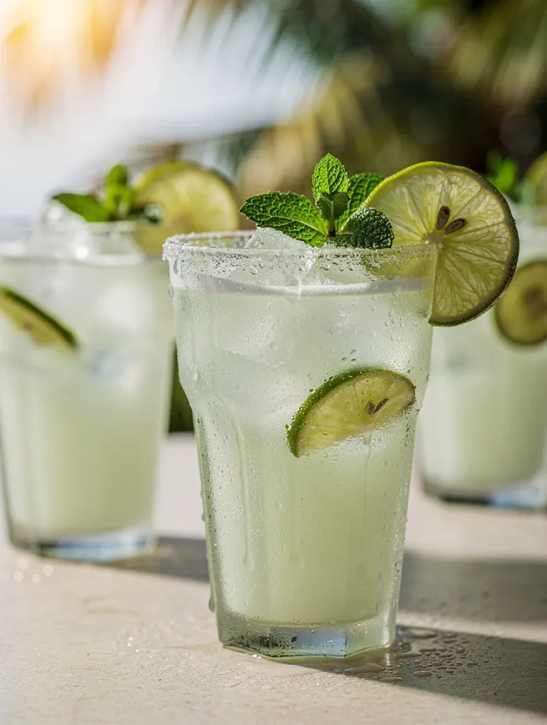 Frosty Brazilian lemonade in a chilled glass with lime slices, fresh mint, and ice, surrounded by additional glasses in a tropical setting.