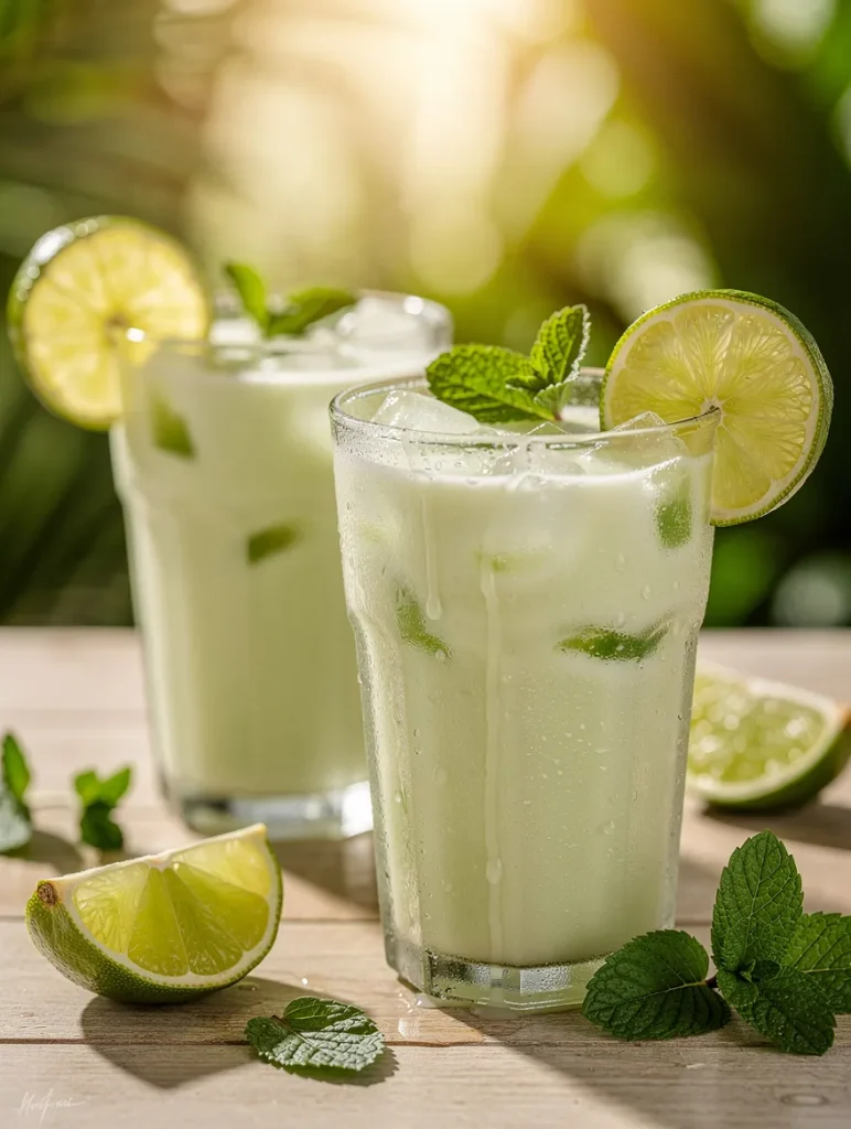 Two glasses of creamy Brazilian lemonade with ice, lime wedges, and fresh mint leaves on a wooden table in a tropical setting.