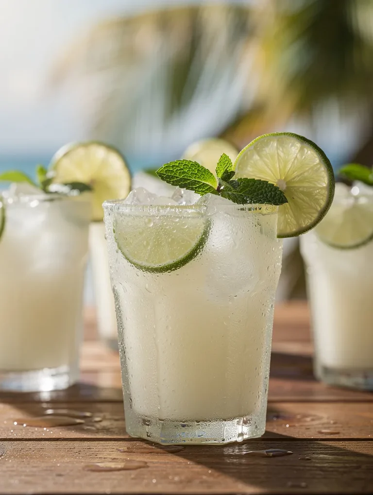 Creamy Brazilian lemonade served over ice with fresh lime slices and mint leaves in chilled glasses.