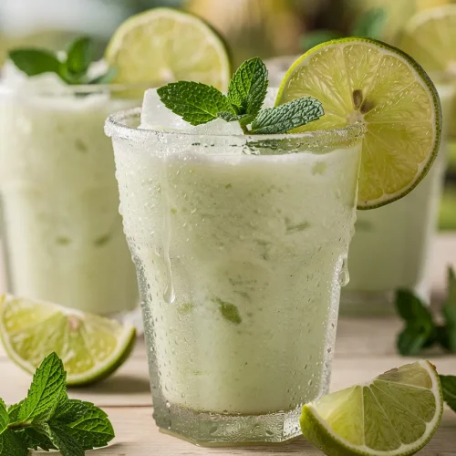 Creamy Brazilian lemonade with ice, fresh mint, and lime wedges served in chilled glasses with condensation.