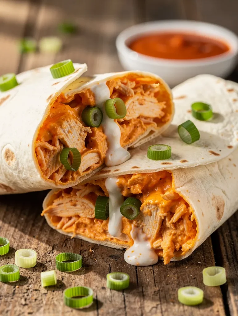 Close-up of buffalo chicken dip wraps stuffed with shredded chicken, creamy buffalo cheese filling, ranch drizzle, and sliced green onions on a rustic wooden table.