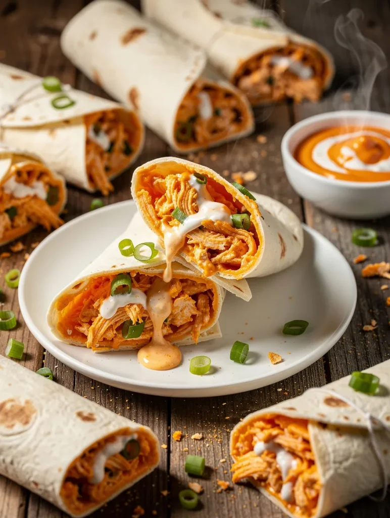 Buffalo chicken dip wraps sliced in half and served on a white plate with creamy buffalo sauce, ranch drizzle, and green onions.
