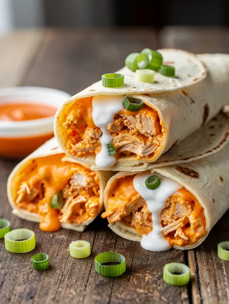 Buffalo chicken dip wraps filled with shredded chicken, creamy buffalo sauce, ranch dressing, and green onions, served on a rustic wooden table.