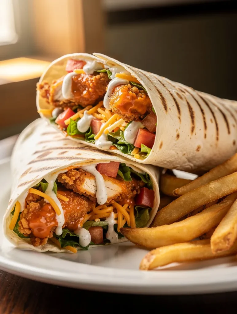 Cheddar’s buffalo chicken wrap with crispy buffalo chicken, shredded cheddar cheese, lettuce, tomatoes, ranch dressing, and French fries on a white plate.