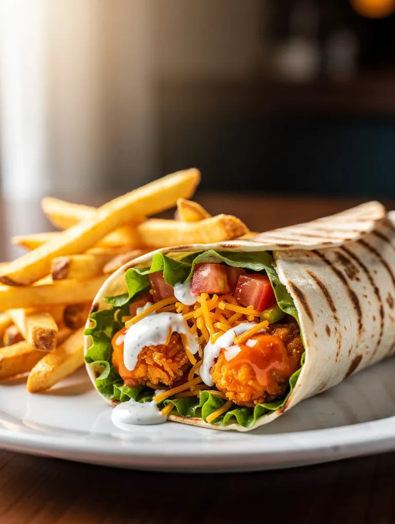 Cheddar’s buffalo chicken wrap filled with crispy buffalo chicken, lettuce, tomatoes, shredded cheddar cheese, and ranch dressing, served with French fries.