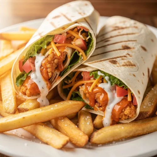 Cheddar’s buffalo chicken wrap recipe served with crispy French fries, featuring breaded buffalo chicken, cheddar cheese, lettuce, tomatoes, and ranch dressing in a grilled tortilla.